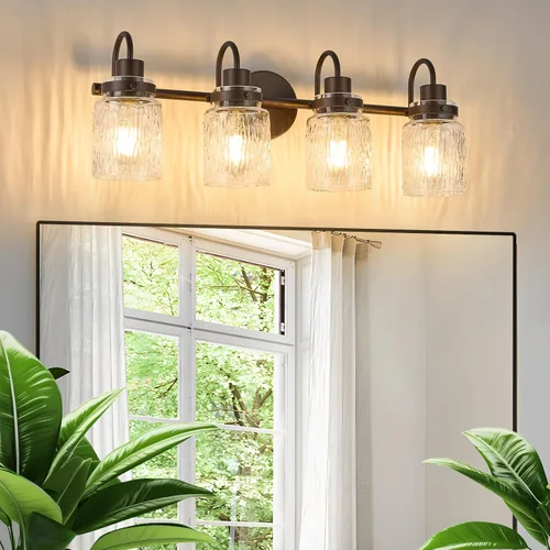 Vista 18 de 2 luces de tocador de baño, lámparas de baño de níquel cepillado con pantalla de vidrio martillado para tocador, sobre espejo, pasillo