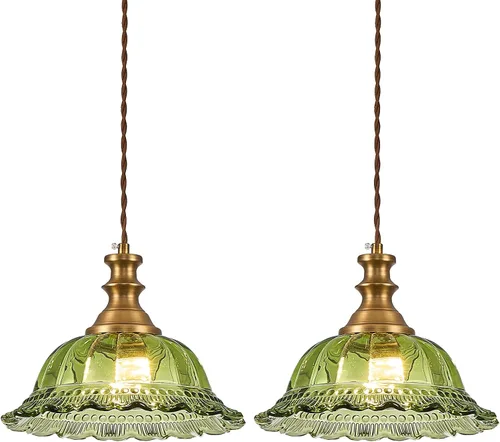 Vista 25 de HDDFL Lámpara colgante vintage moderna de vidrio verde con cable ajustable para isla de cocina, comedor, sala de estar, pasillo Verde y latón