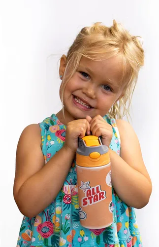 Vista 6 de All-Star Sports Orange – Diseño adhesivo – Botella de agua pequeña de 12 onzas con popote de silicona desplegable – Personalizar – Aislamiento