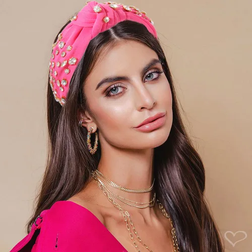 Vista 4 de Diadema anudada de cristal para mujer, diadema de nudo ancho adornado con cristal, diadema de moda para mujer, accesorios para el cabello Rosa Rojo
