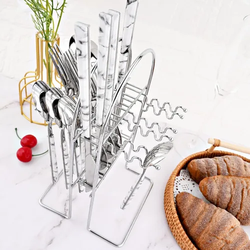 Vista 6 de Juego de cubiertos de 24 piezas de cubiertos de imitación de mármol blanco con soporte, cubiertos de acero inoxidable para 6, utensilios de comer
