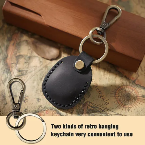 Vista 5 de Llavero de Airtag de cuero genuino, llavero portátil de Air tag con anillos para llaves, funda de cobertura oculta completa compatible con Airtag
