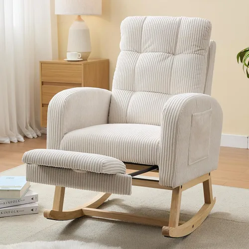 Vista 9 de NIOIIKIT Mecedora para guardería, mecedora tapizada de pana con reposapiés ajustable, silla mecedora copetuda con bolsillo lateral, mecedora café