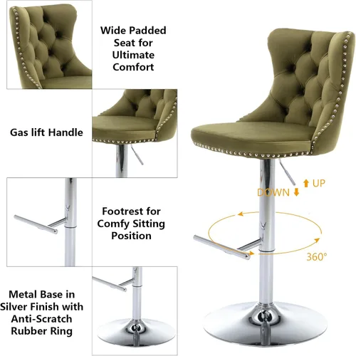 Vista 115 de Aoowow Juego de 2 taburetes de bar giratorios, taburetes de bar ajustables con respaldo de terciopelo copetudo, sillas de bar modernas tapizadas