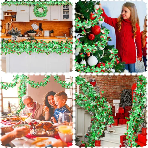 Vista 6 de XunYee Guirnalda de Oropel de Copos de Nieve para Árbol de Navidad de 98 pies, Decoraciones de Guirnalda Metálica Trenzada Roja Verde, Adorno