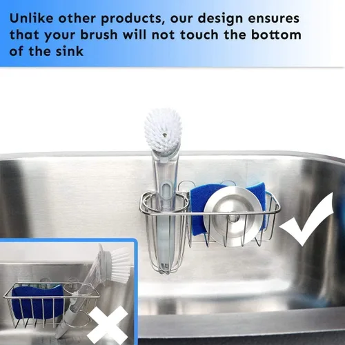 Vista 3 de HULISEN Soporte de esponja 3 en 1 para fregadero de cocina con soporte para cepillo de platos, organizador de acero inoxidable para jabón, fregador