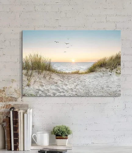 Vista 2 de Arte de Pared de Playa en Lienzo para Baño: Obra de Arte Impresa de Puesta de Sol Costera y Océano, Escena Marina Moderna, Imagen de Paisaje Marino
