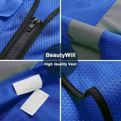Vista 2 de BeautyWill Chaleco de seguridad con logotipo personalizado Class2 Chaleco reflectante de alta visibilidad con bolsillos y cremallera chaleco