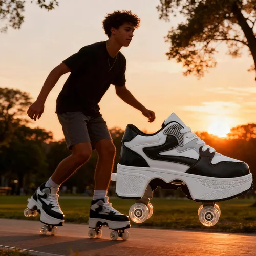 Vista 3 de 4 Wheel Pop-Up Roller Skate Shoes for Women Men Girls Boy Fashion Outdoor Indoor Quad-Skates for Kids & Adults