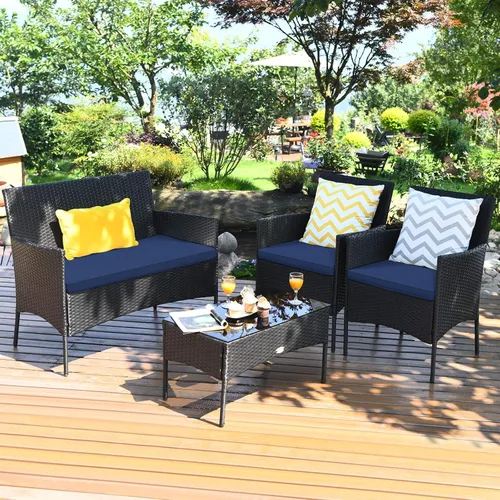 Vista 16 de Tangkula Juego de muebles de patio de 4 piezas, juego de conversación de mimbre para exteriores con mesa de centro de vidrio templado, sofá biplaza