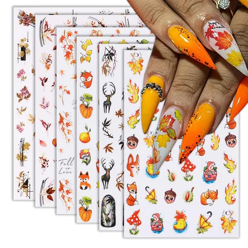 Vista 22 de 8 hojas de calcomanías de uñas de Halloween con diseños de fantasmas lindos, calabaza, araña, telaraña, sangre, llama 3D, autoadhesivas, Otoño