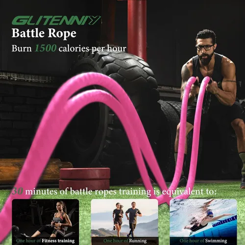 Vista 2 de Cuerda de batalla rosa de 1 pulgada, 30 pies, cuerda de batalla para gimnasio en casa, ejercicio para entrenamiento de ejercicio, entrenamiento