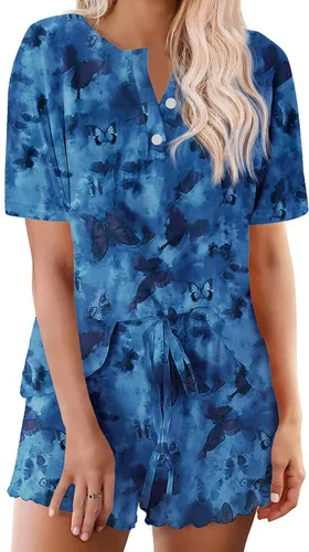 Vista 39 de Ekouaer Conjunto de pijamas teñidos con técnica tie dye para mujer, ropa de dormir, 2 piezas, conjuntos de pijamas, ropa de relajación A-tie Dye