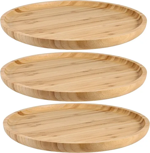 Vista 9 de JOIKIT Paquete de 3 Bandejas Redondas de Bambú de 8 Pulgadas, Platos Redondos de Madera Finamente Pulida, Bandeja de Servir de Bambú para Sostener