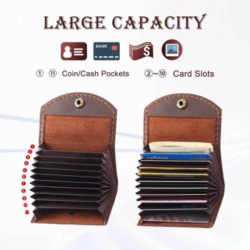Vista 3 de Cartera de cuero genuino para tarjetas de crédito, organizador de tarjetas de crédito para mujeres y hombres, monedero pequeño llavero, Café, Simple