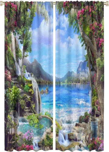 Vista 55 de Cortina opaca de bosque de verano, diseño de ramas de bosque, con bolsillo para barra, cortinas farbic con bolsillo para barra, comedor, cafetería