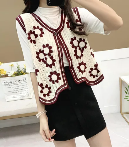 Vista 4 de Chaleco de punto sin mangas con cuello en V para mujer, chaleco corto estampado con botones
