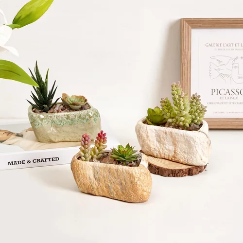 Vista 7 de T4U Maceta de cerámica para suculentas de 5.5 pulgadas con orificio de drenaje, juego de 3, caja rectangular con forma de piedra, contenedores