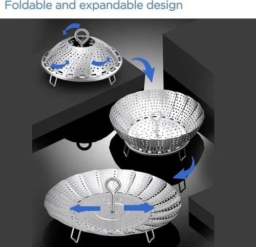 Vista 2 de Cesta de vapor de verduras de acero inoxidable 304, inserto expandible para cocinar, se adapta a ollas de 6.4 a 10.2 pulgadas, incluye pinzas