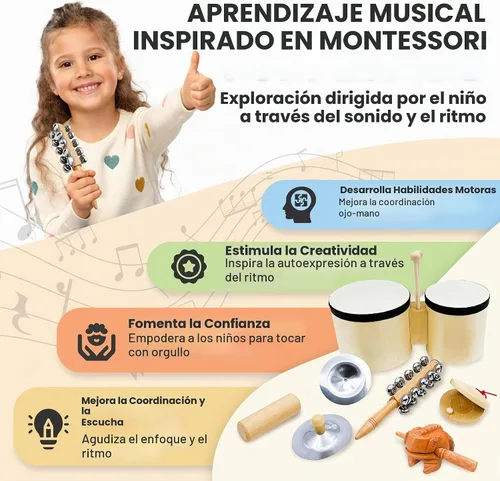 Vista 6 de Juego de batería e instrumentos musicales para niños a partir de 3 años con tambor Bongo Montessori - Juego de instrumentos de percusión de madera