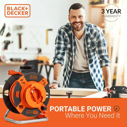 Vista 5 de BLACK+DECKER - Carrete de cable de extensión retráctil inversa de 50 pies Cable SJTW de 14 AWG, mango de rebobinado resistente, ideal
