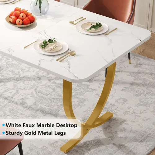 Vista 7 de LITTLE TREE Mesa de comedor, mesa de cocina con tablero de mármol sintético y patas de metal dorado Blanco & Oro