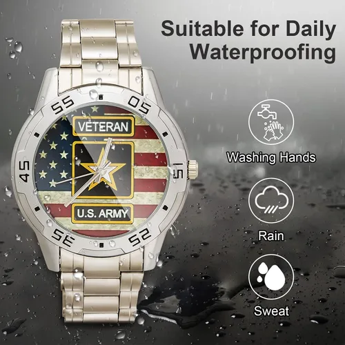 Vista 2 de Reloj analógico de acero inoxidable para hombre diseño especial militar veterano y bandera estadounidense diseño personalizado con caja de metal