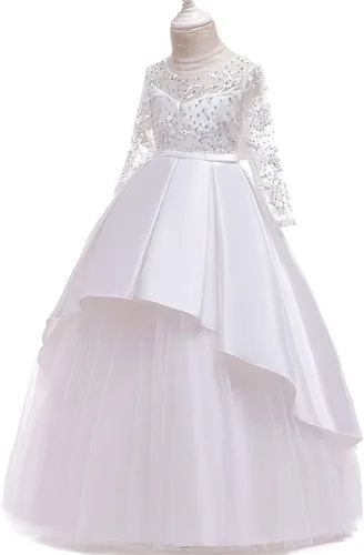 Vista 2 de FMYFWY Vestido de manga larga de encaje de tul para niñas, vestido de princesa para boda, cumpleaños, concurso, fiesta, comunión, baile