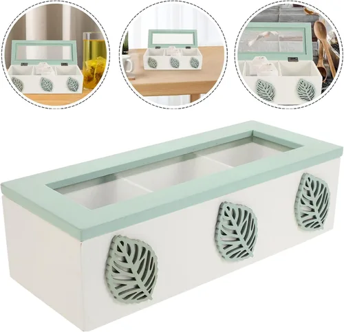 Vista 8 de Wood Tea Box with Lid, 3 Compartment Tea Bag Organizer Xmas