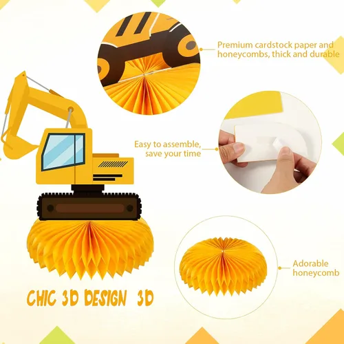 Vista 3 de Zonon 8 piezas de centros de mesa de construcción para fiesta de cumpleaños, suministros de decoración de panal de abeja para auto, camión, zona