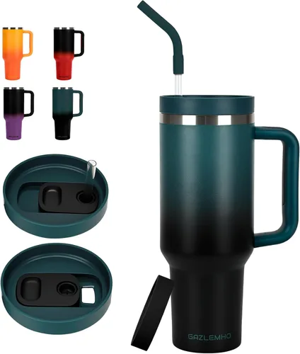 Vista 11 de Vaso de 40 onzas con asa y boquilla de pajilla, tapa 2 en 1, a prueba de derrames, a prueba de fugas, taza de agua para viajeros, mantiene el frío