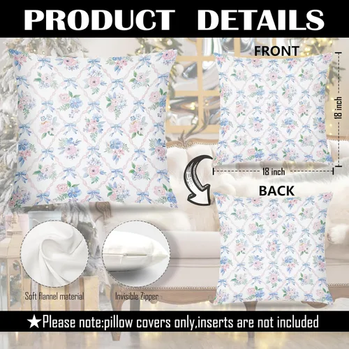 Vista 7 de Juego de 2 fundas de almohada florales con lazo de cinta azul y rosa de 18 x 18 pulgadas, decoración de dormitorio de habitación preparada, fundas