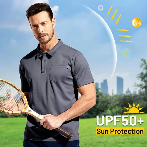 Vista 3 de MIER Men's Polo Shirts Polyester Casual Tennis Collared Short Sleeve with Pocket Sun Protection