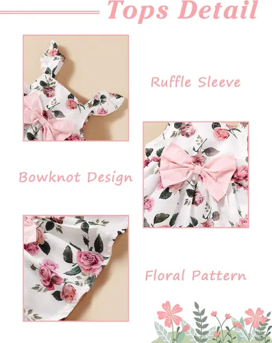 Vista 3 de Conjunto de ropa de bebé para niña pequeña con volantes de manga larga pantalones florales con diadema para otoño e invierno