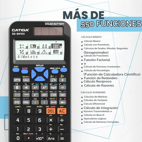 Vista 2 de CATIGA Calculadora científica SS-991EX con 550 funciones avanzadas, funciona con energía solar y por batería, multifunción, matemáticas de escuela