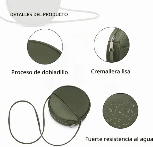 Vista 4 de Bolso circular para mujer, bolso cruzado redondo con cremallera Verde militar/nailon