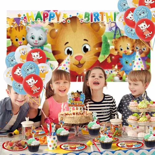 Vista 2 de Daniel Tiger suministros para fiesta de cumpleaños de tigre platos de decoración de cumpleaños globos pancarta cubiertos de plástico cuchillos