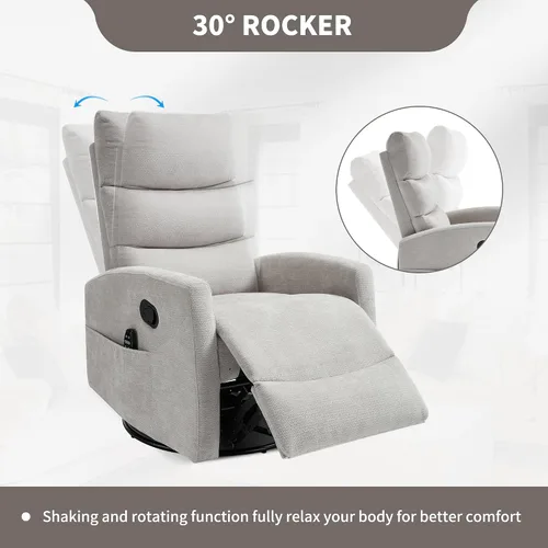 Vista 8 de Silla reclinable giratoria de 360° con masaje y calor, respaldo alto con relleno, silla mecedora tapizada para cuarto de bebé, sala de estar