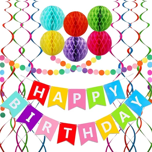 Vista 8 de Decoraciones de cumpleaños negras con pancarta de feliz cumpleaños, bolas de papel en forma de panal de abeja, guirnalda circular y decoraciones