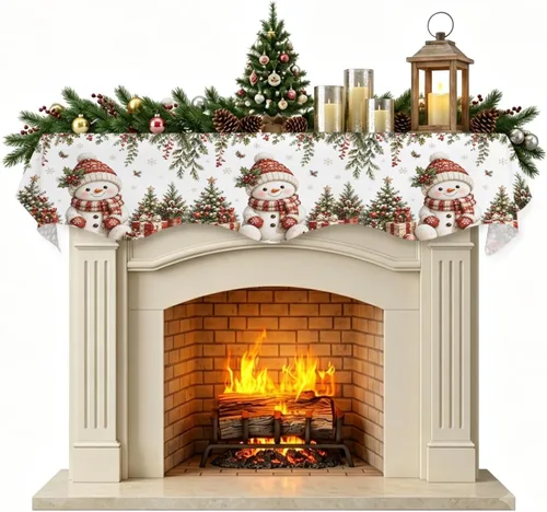 Vista 19 de Daleng Bufanda de repisa de camión de Navidad con muñeco de nieve para chimenea, 60 x 17 pulgadas, árbol de Navidad, copos de nieve, ciervos, verde