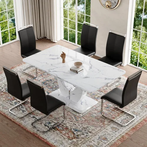 Vista 16 de JUFU Juego de mesa de comedor moderno para 4, juego de mesa de cocina rectangular de 63 pulgadas con mesa de mármol sintético y 4 sillas tapizadas