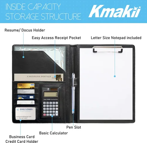 Vista 4 de KMAKII Carpeta Portafolio con Calculadora de Piel Sintética con Portapapeles Tamaño A4 para Entrevista de Negocios y Currículum - Negro