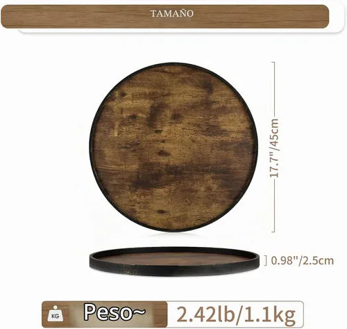 Vista 4 de Hanobe - Bandeja redonda decorativa de 18 pulgadas para mesa auxiliar, color marrón vintage Industrial Style, Large Circle Platters for Modern