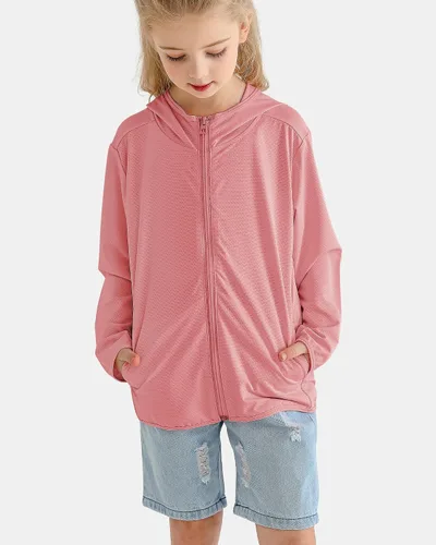 Vista 5 de Auranso Sudadera con capucha y cremallera para niños, UPF50+, protección solar, camisa refrescante