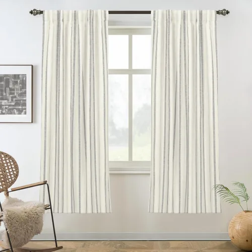 Vista 39 de DriftAway Cortinas opacas de mezcla de lino de granja de 90 pulgadas de largo para dormitorio, cortinas de lino con estampado de rayas verticales