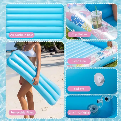Vista 7 de OKSUWATER - Flotador para tumbona bronceadora para piscina, de 87 x 63 pulgadas, para adultos, con reposacabezas y soporte para bebidas, cama Azul