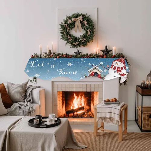Vista 3 de Bufanda de chimenea de Navidad con diseño de muñeco de nieve de Navidad, copos de nieve, pájaros, chimenea, estante superior, bufanda, camino