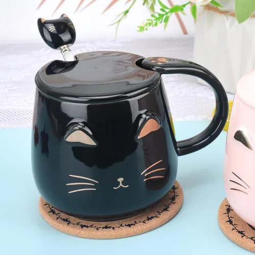 Vista 4 de Taza de café de cerámica rosa con diseño de gato lindo hecho a mano con cuchara de acero inoxidable, taza de gatito, tazas únicas de chocolate Negro