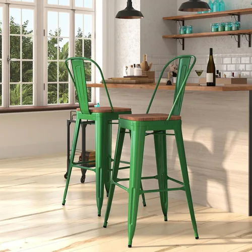 Vista 15 de Merrick Lane Amsterdam Taburete de bar – Silla de bar de metal negro antiguo con asiento de madera – Taburete de cocina con respaldo curvado
