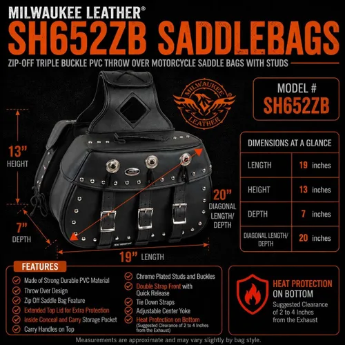 Vista 3 de Milwaukee Leather SH652ZB - Alforjas de PVC con hebilla triple y cierre de cremallera, color negro, con tachuelas (18 x 11 x 7 x 19), talla única